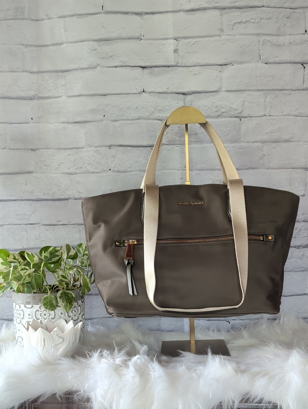 Michael Kors Khaki Tote with Front Zip Pocket and Gold Hardware